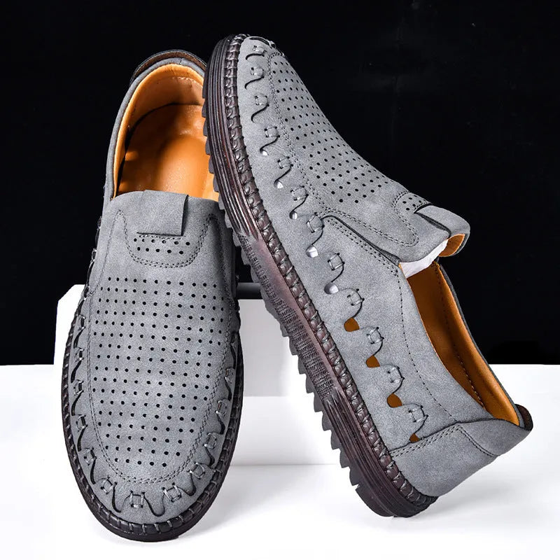 Men's brown slip-on casual shoes with round toe and low-top design for outdoor wear