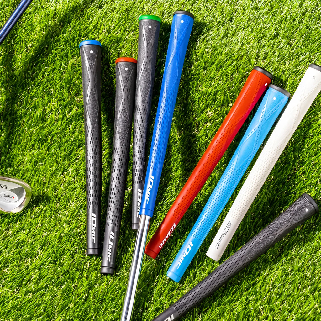 TPE material golf club grip shown in multiple colour options: pink, red, blue, white, and black.