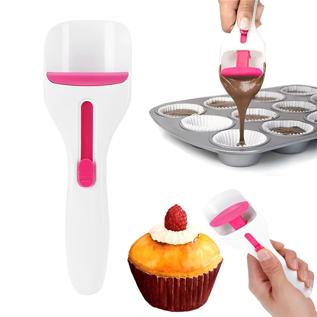 Photo-colour cake batter scoop with push lever on handle, 19.5 cm long, on white background