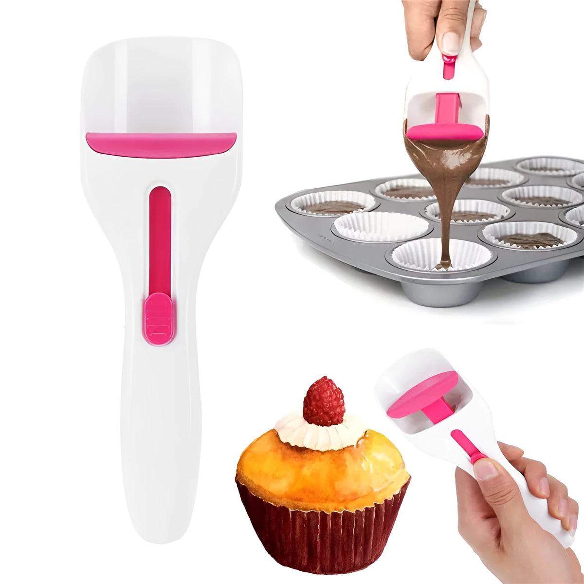 Photo-colour cake batter scoop with push lever on handle, 19.5 cm long, on white background