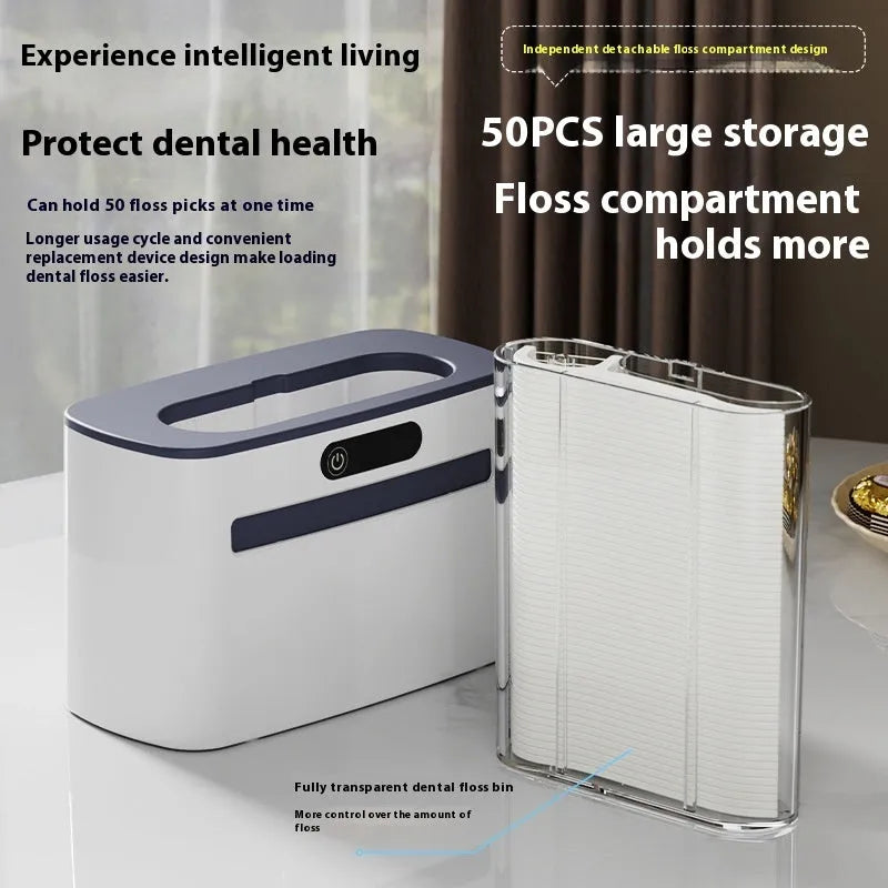 Intelligent induction automatic dental floss box in dark grey, gold, or light grey with rechargeable battery.