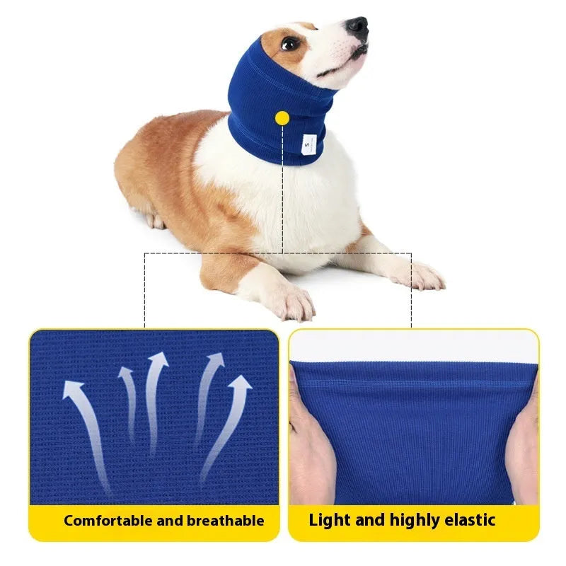 Blue adjustable dog comforter headband scarf for pet anxiety on a grey background.