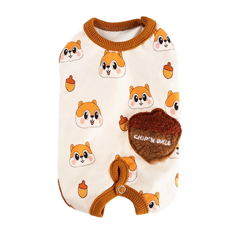 Chip 'n' Dale sleeveless dog jumpsuit with squirrel and acorn print, fuzzy embroidered acorn pocket, ribbed cuffs and snap closure, cream or white.