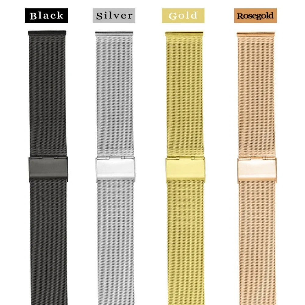 Milani silk woven stainless steel watch band in silver, black, rose gold and gold colours showing texture detail