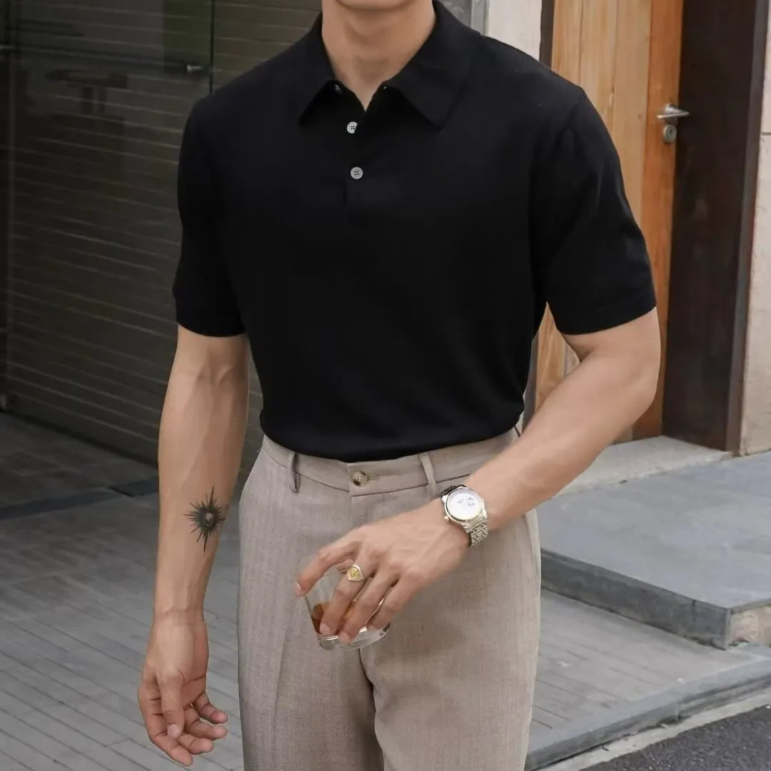 Men's short sleeve polo shirt in cotton ice silk fabric, shown in a choice of colours.