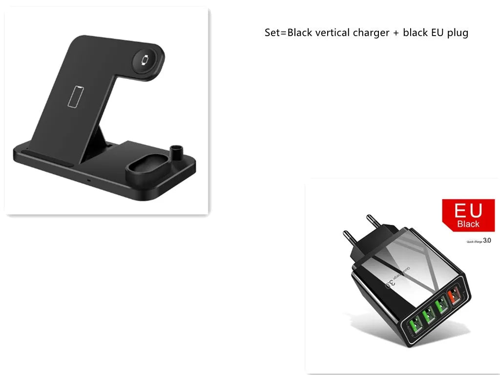 4-in-1 wireless charging station with phone, Apple Watch, and AirPods on adjustable magnetic stand