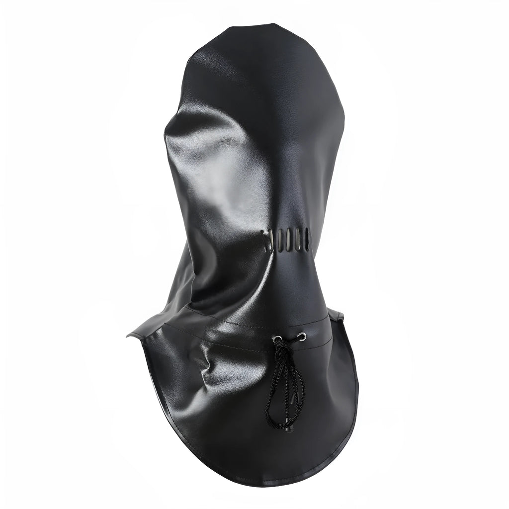 Black leather breathable training mask with adjustable fastenings for bondage roleplay