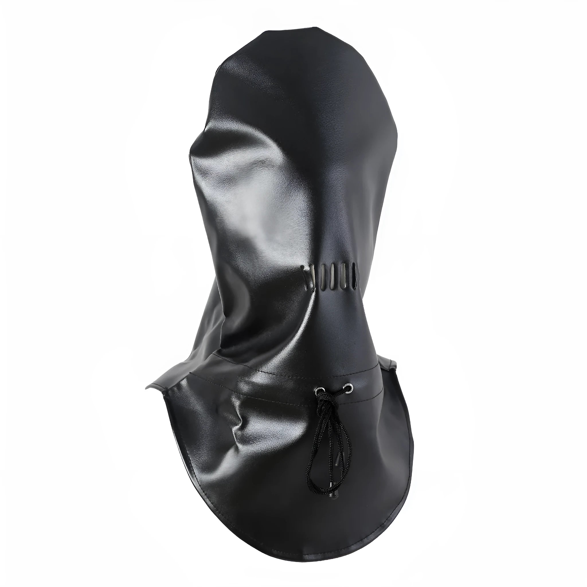 Black leather breathable training mask with adjustable fastenings for bondage roleplay