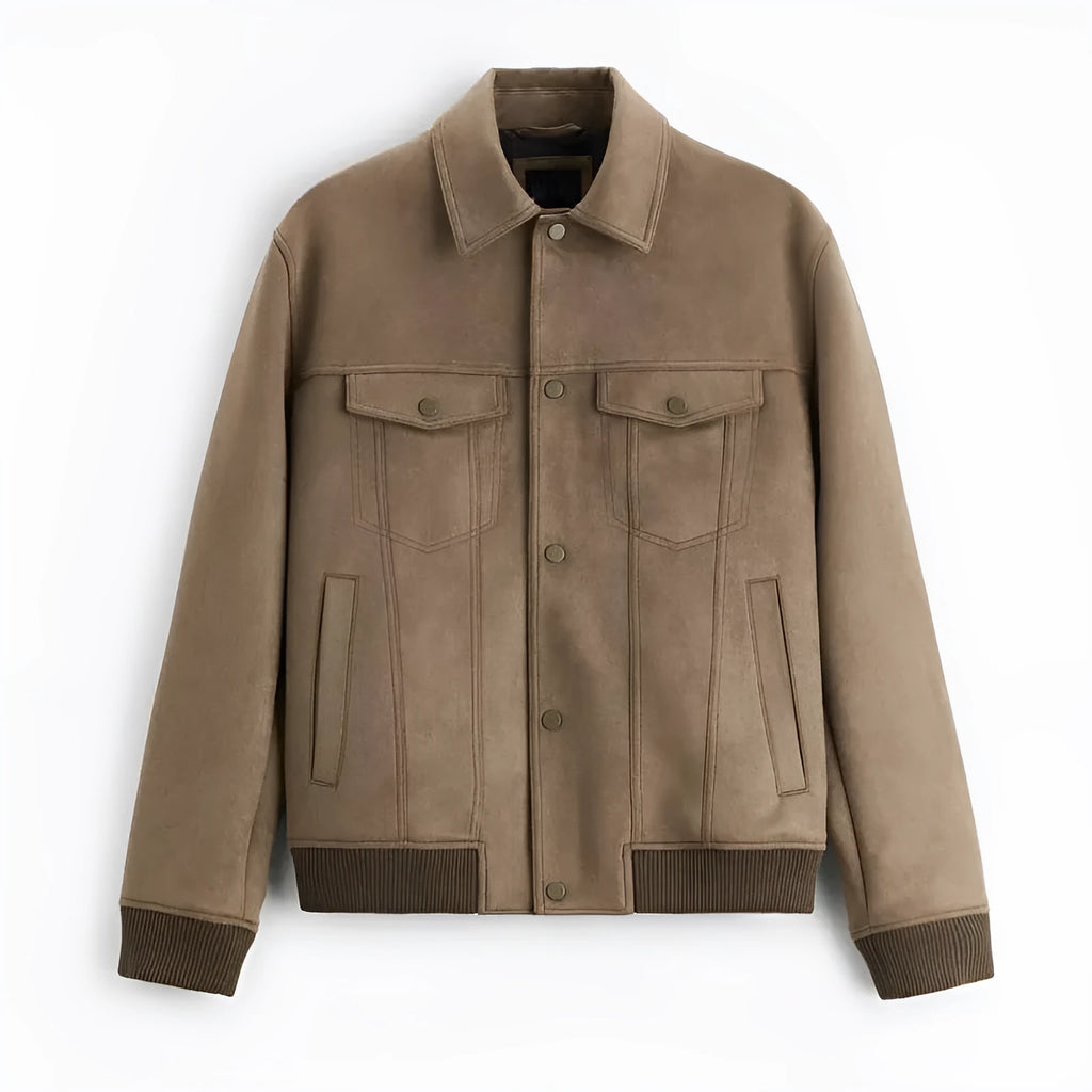 Suede velvet commuter jacket in British style with long sleeves available in light grey and mink colours