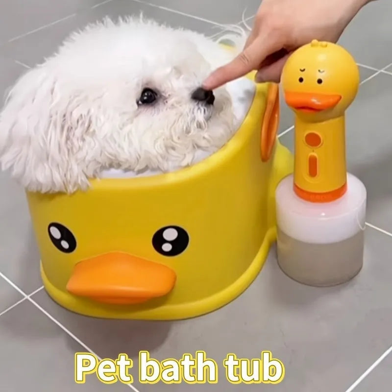 Blue PVC duck-shaped pet bath tub for dogs and cats on a plain background.
