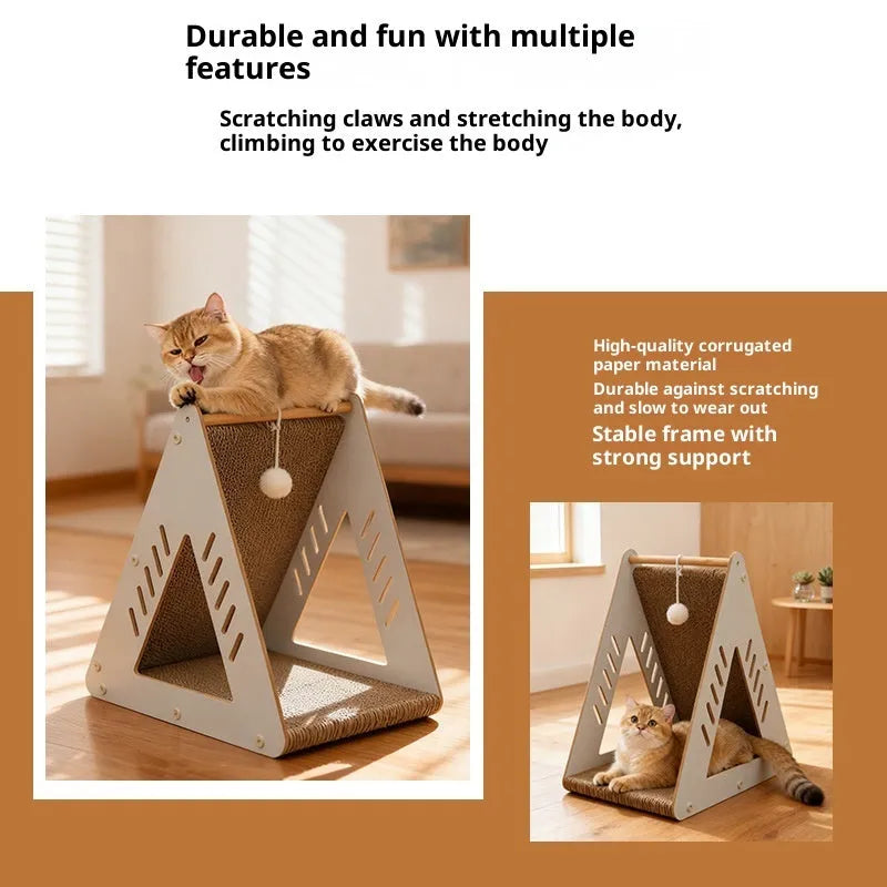 Triangular corrugated cardboard cat scratching board with MDF frame, nest and climbing function, plus replacement core.