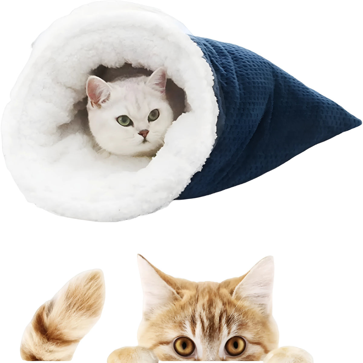 Gray cat winter sleeping bag with semi-enclosed cave design and crinkle sack for cats up to 6 kg