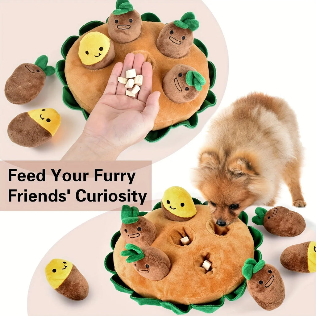 Yellow interactive dog puzzle feeding pad with removable squeaky plush toys on a floor.