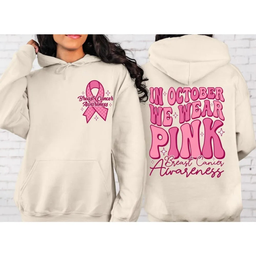 Pink women's hoodie with retro breast cancer awareness hot stamp design and side seam pocket.