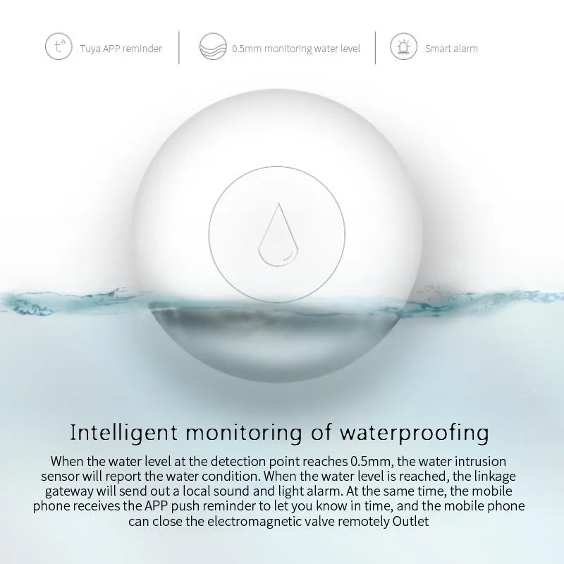 Compact white Zigbee wireless water leak flood sensor with FCC and CE certification marks
