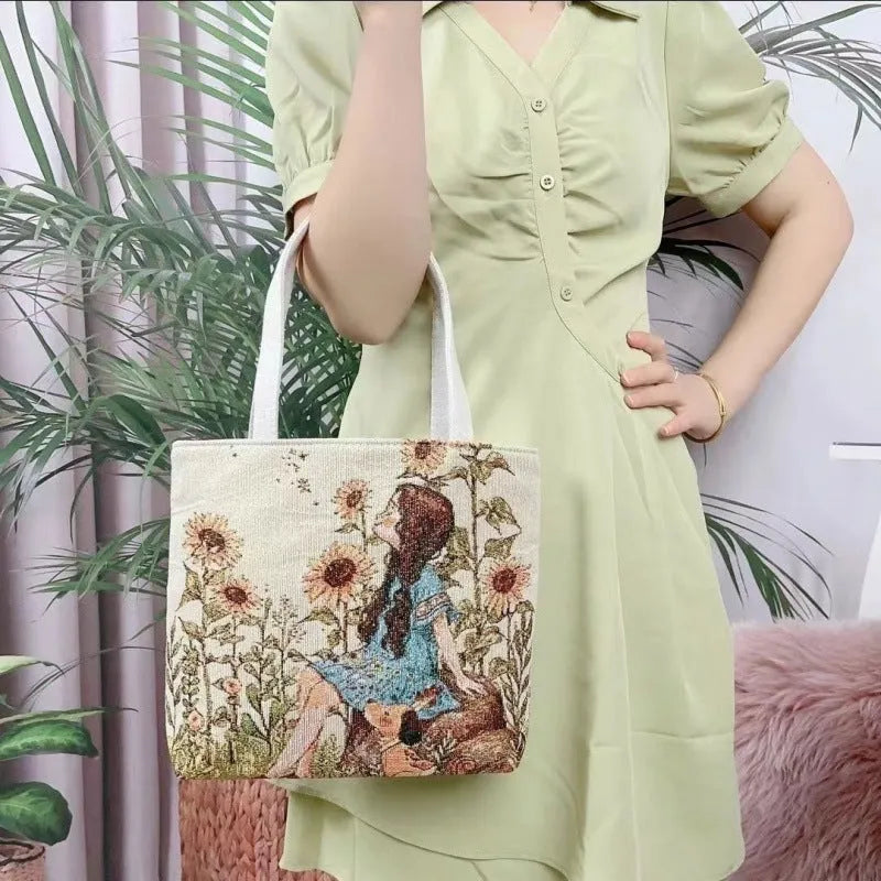 Double-sided gold wire embroidered medium canvas handbag with inner compartment