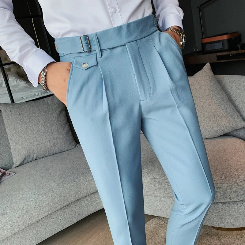 A pair of straight-leg casual trousers in a solid colour, laid flat to show the fit.