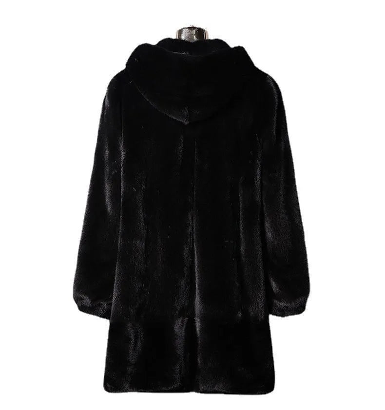 Women's black artificial fur hooded winter coat with street fashion styling