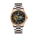 Automatic mechanical men's watch with rose gold shell and black dial showing day-date function