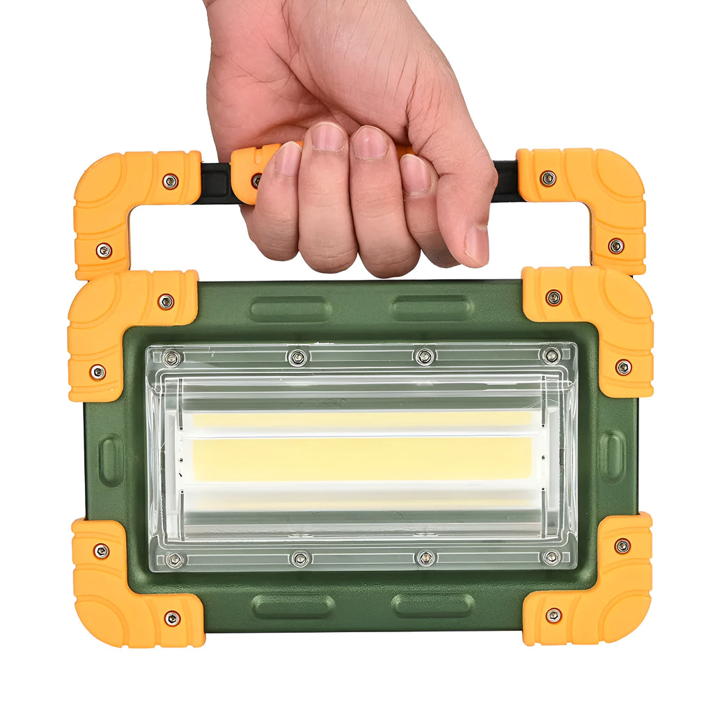Yellow aluminium alloy 50W COB work light with 120° wide beam, IP65 waterproof, three brightness settings