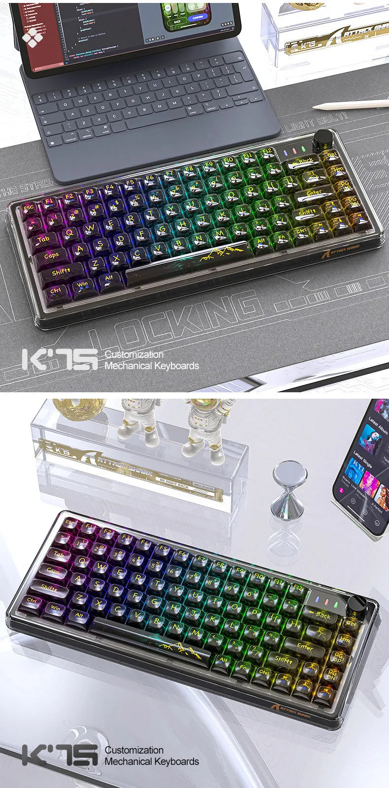 Attack Shark K75RGB white transparent wireless mechanical keyboard with RGB lighting on a desk