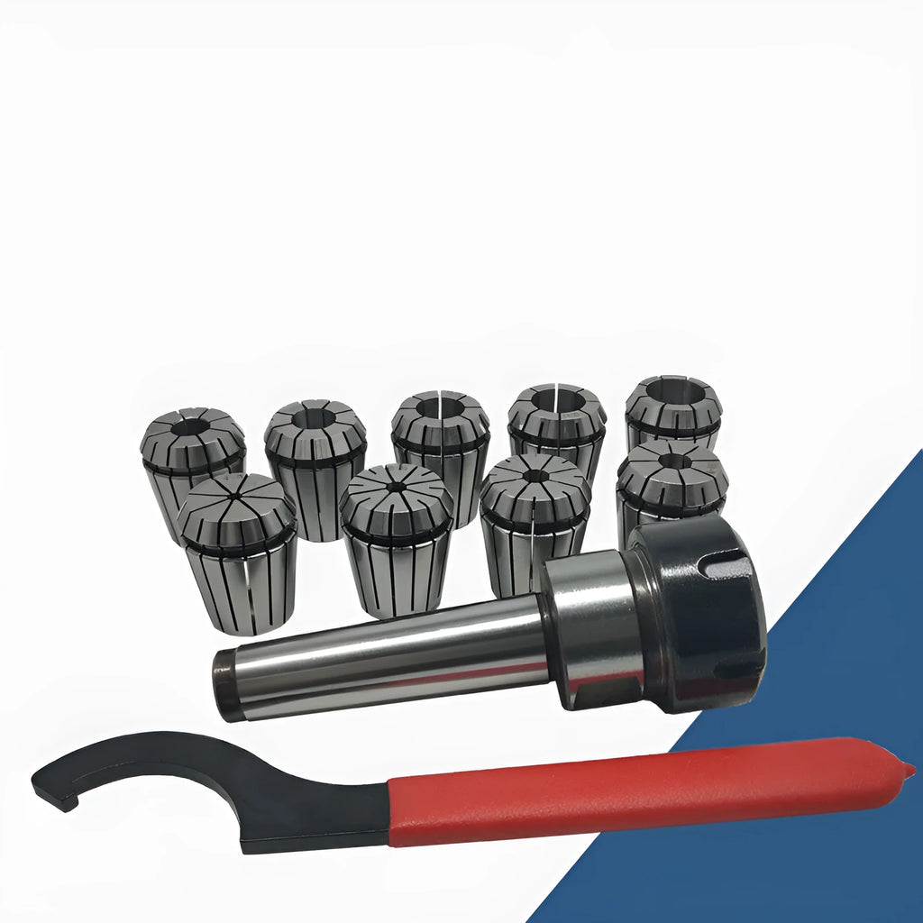 ER32 collet set with 19 collets, Morse taper arbor, and wrench on workbench