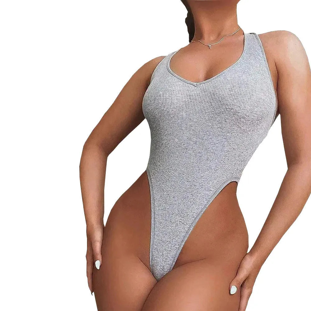 Grey women's halter neck jumpsuit with high-waist shorts in viscose fabric
