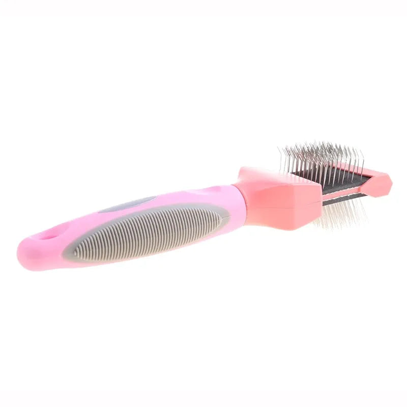 Double-sided pet grooming brush with stainless steel pins and flexible rubber backing in blue colour