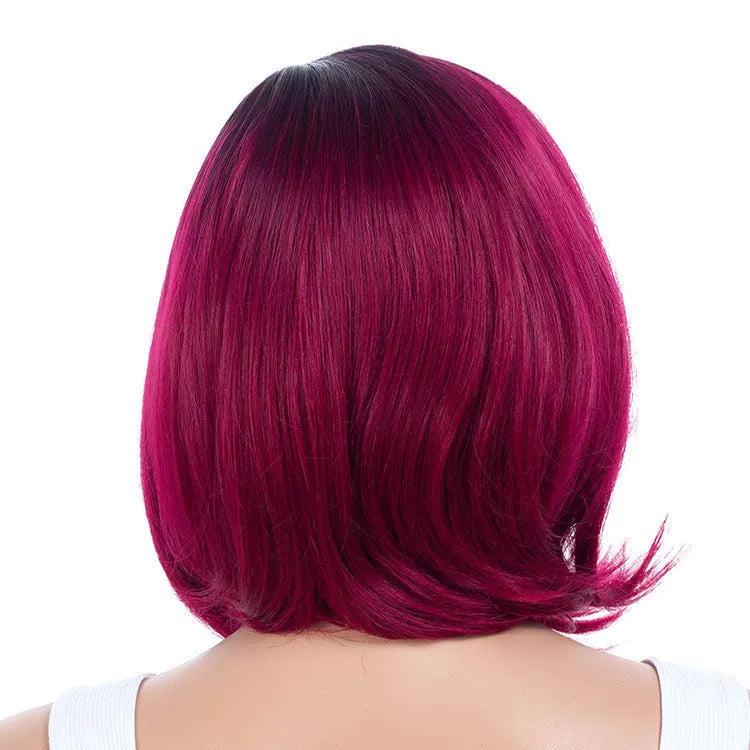 Gradient partial short curly wig in Wine Red showing high temperature wire hairline and 40cm length on a stand