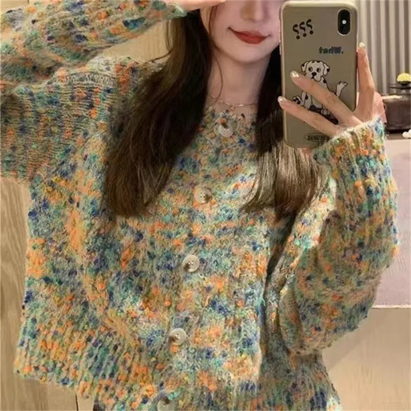Retro style acrylic fibre knitted rainbow sweater cardigan in pink or green with regular sleeves