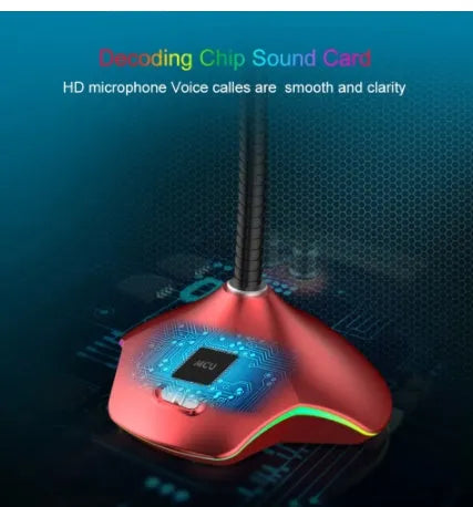 Black wired USB microphone with 3.5mm jack and positioning stents on a desk