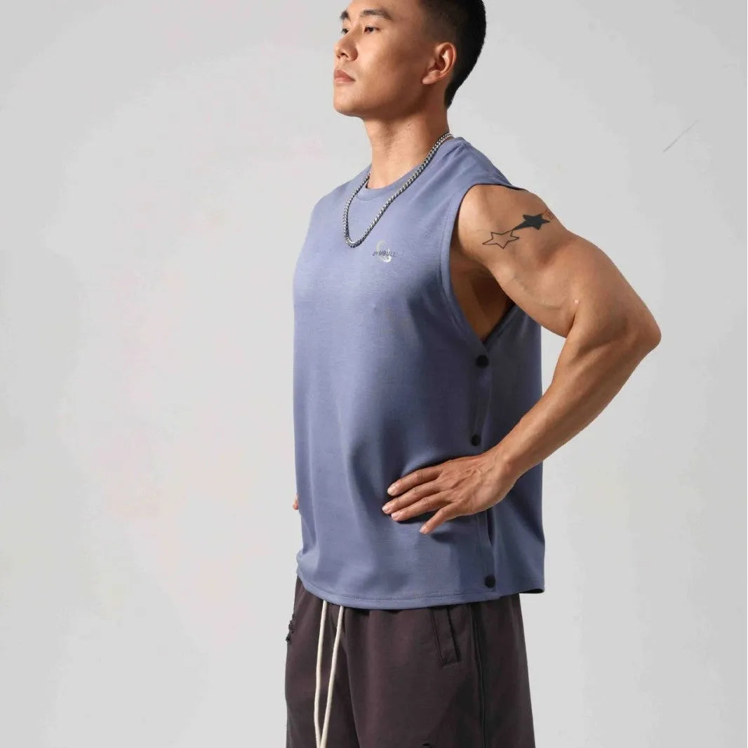 Men's black Korean style fitness vest with hidden hook side openings and loose fit design
