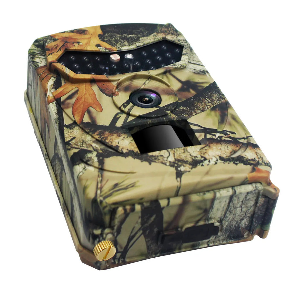 Yellow brown hunting game camera with infrared LEDs and wide-angle lens for outdoor monitoring