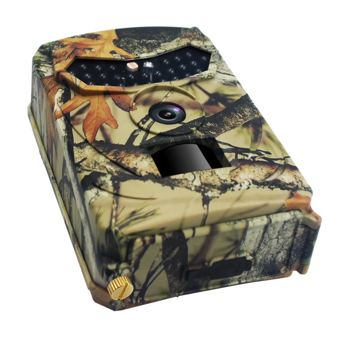 Yellow brown hunting game camera with infrared LEDs and wide-angle lens for outdoor monitoring