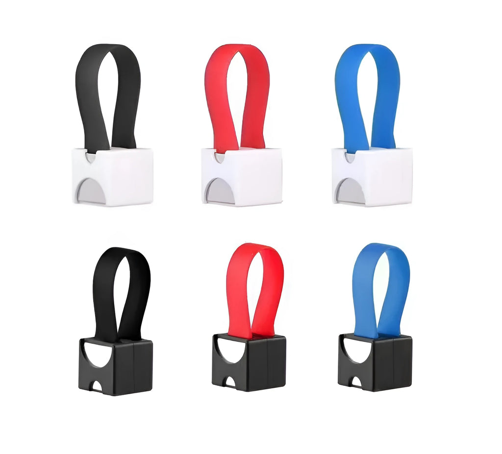 Portable emergency phone charger with 2 AA dry batteries, 17x17mm plastic shell, available in black, red and blue