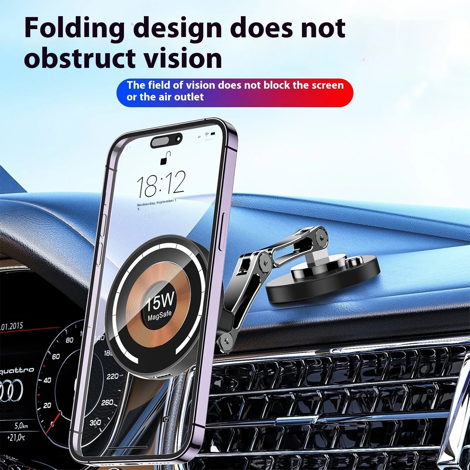 Gun colour folding magnetic car phone holder with 15W wireless charging and zinc alloy bracket