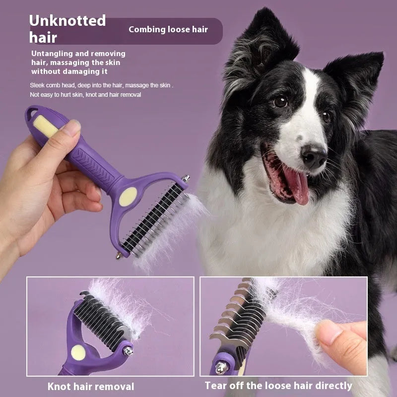 Purple double-sided plastic pet comb for removing knots from dog and cat fur.