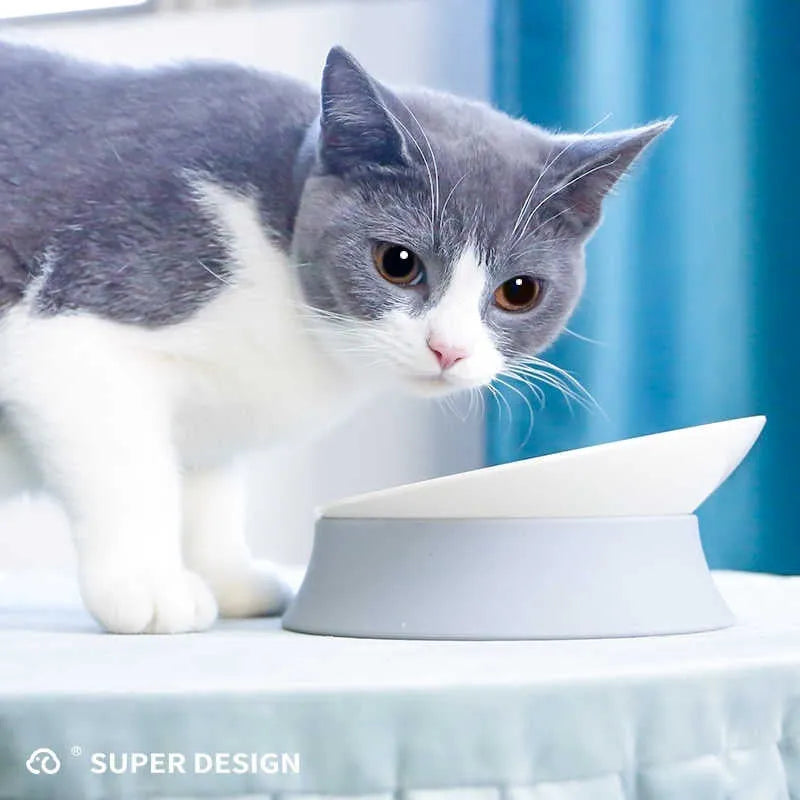 Cat protective cervical spine drinking bowl in white ceramic, 16.3cm diameter, raised design for natural feeding posture
