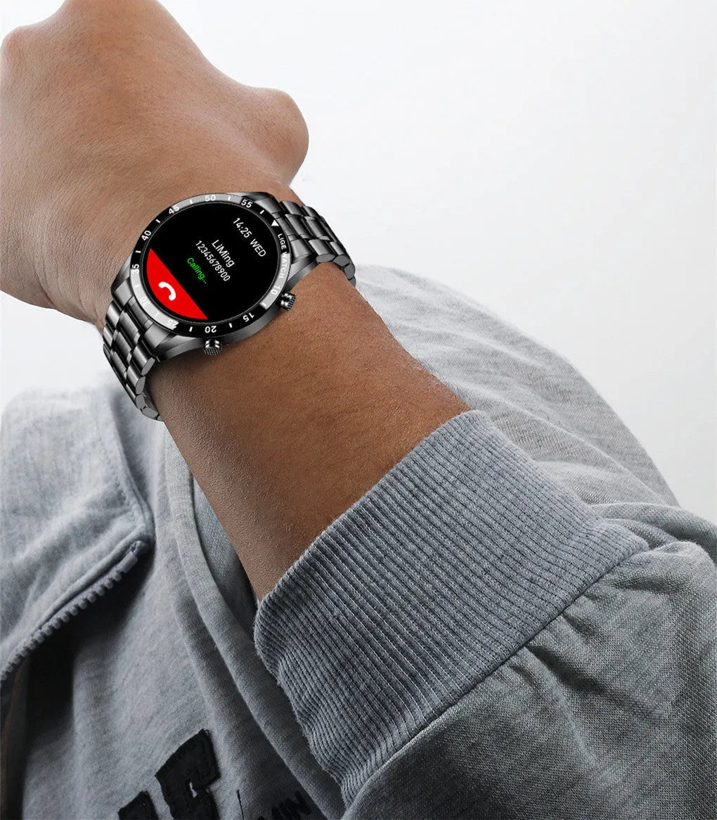 Smart watch with stainless steel band and 1.3-inch touch screen displaying step count.