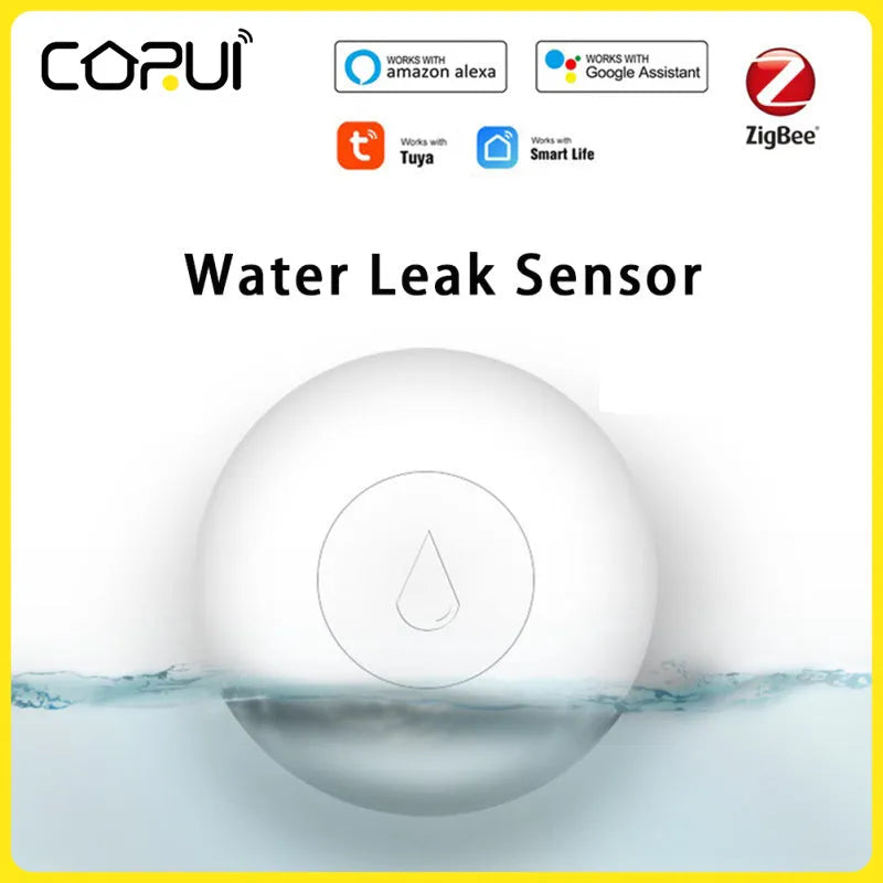 Compact white Zigbee wireless water leak flood sensor with FCC and CE certification marks