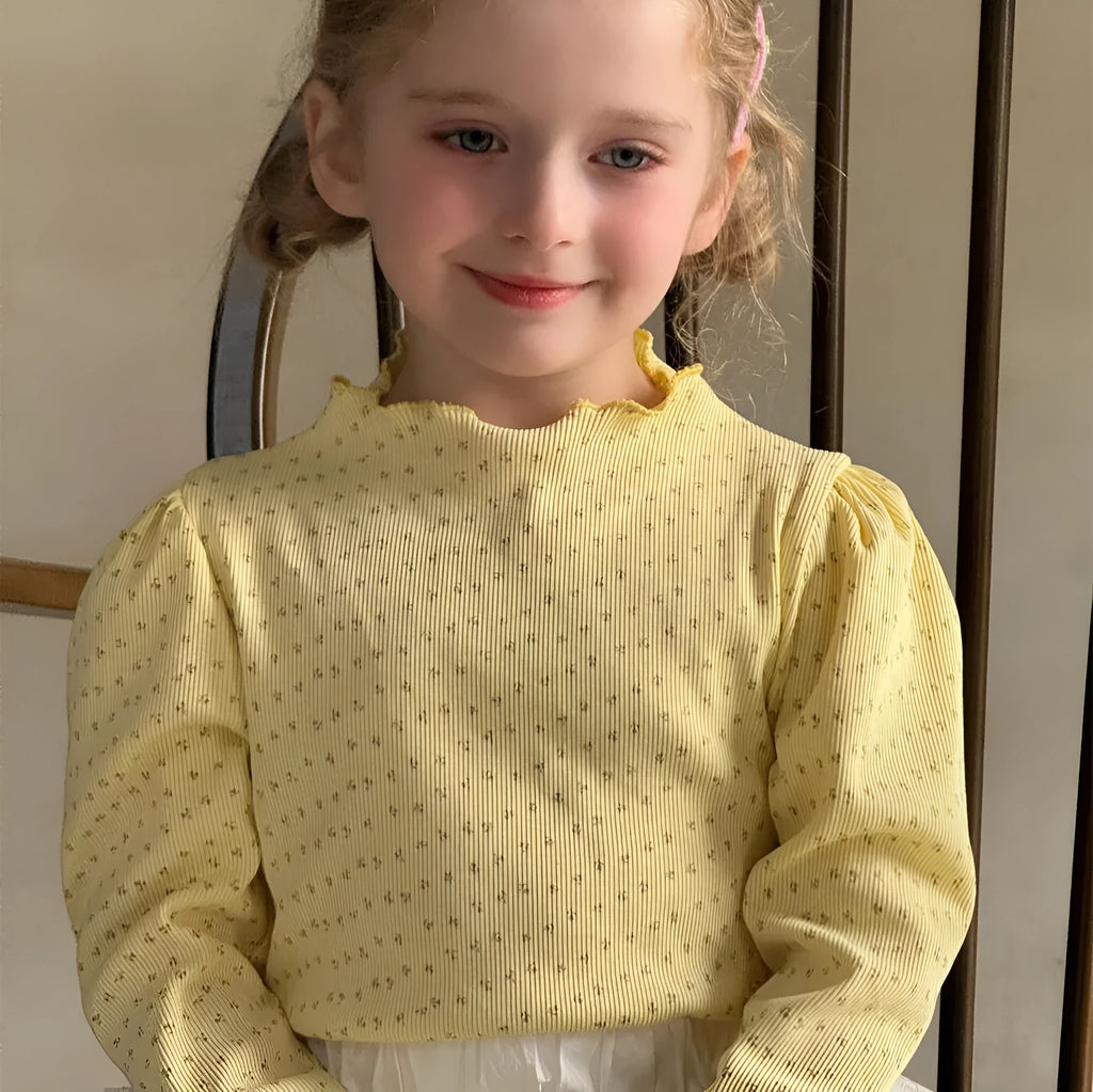 Girls' yellow floral knitted pullover with wooden ear detail and bubble sleeves, cotton, long sleeve