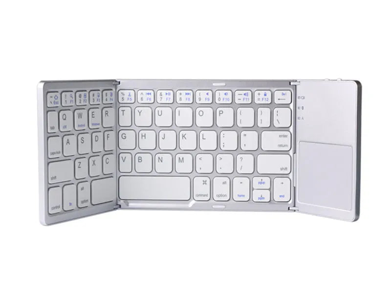 Black tri-fold folding Bluetooth keyboard with touchpad, shown both folded and unfolded next to a smartphone.