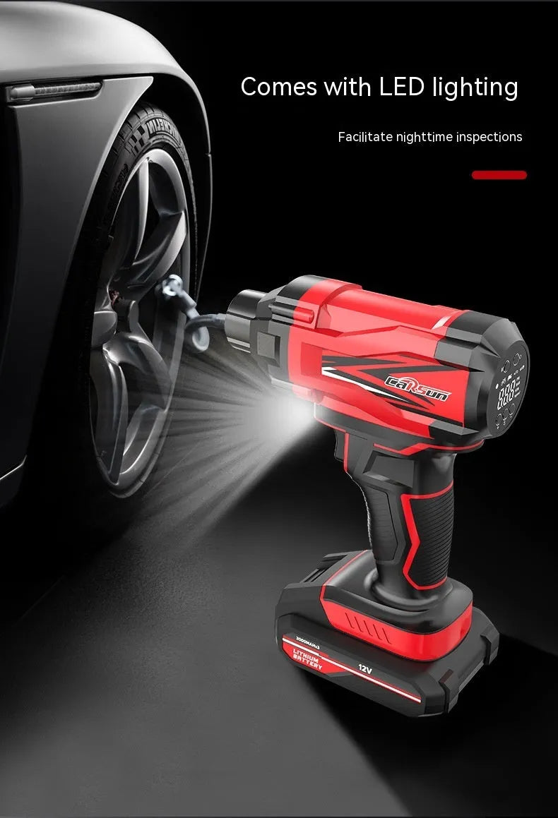 Red and black wireless car air pump with digital display, power cable, and multiple nozzle attachments