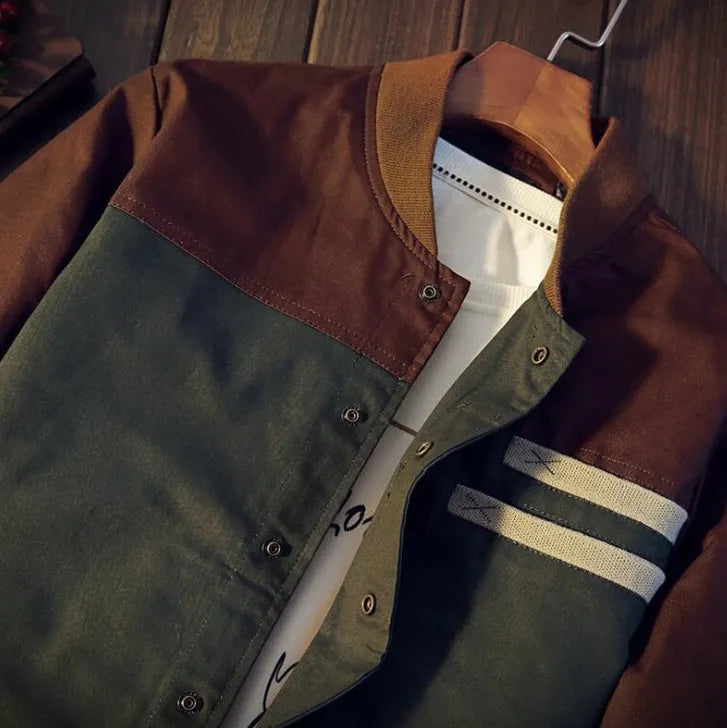 Men's Korean style single-breasted casual jacket in cotton with colour-blocked blue and green pattern, lightweight design for daily wear