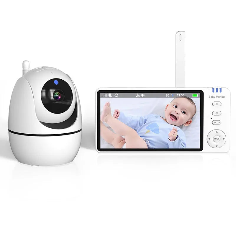 White 5-inch HD wireless baby monitor and camera on a nursery shelf