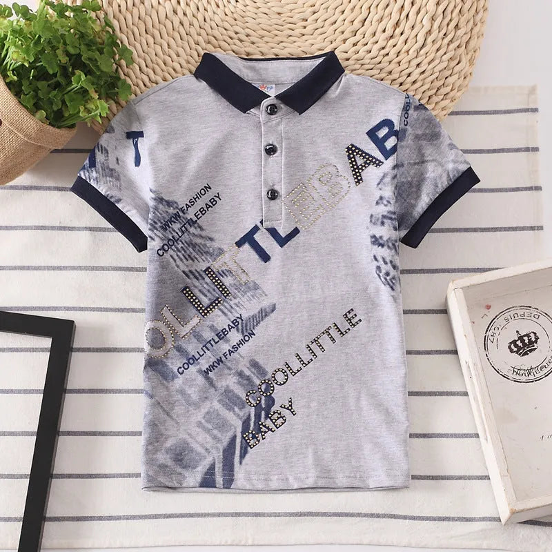 Children's short sleeve cotton shirt with lapel collar in solid colours