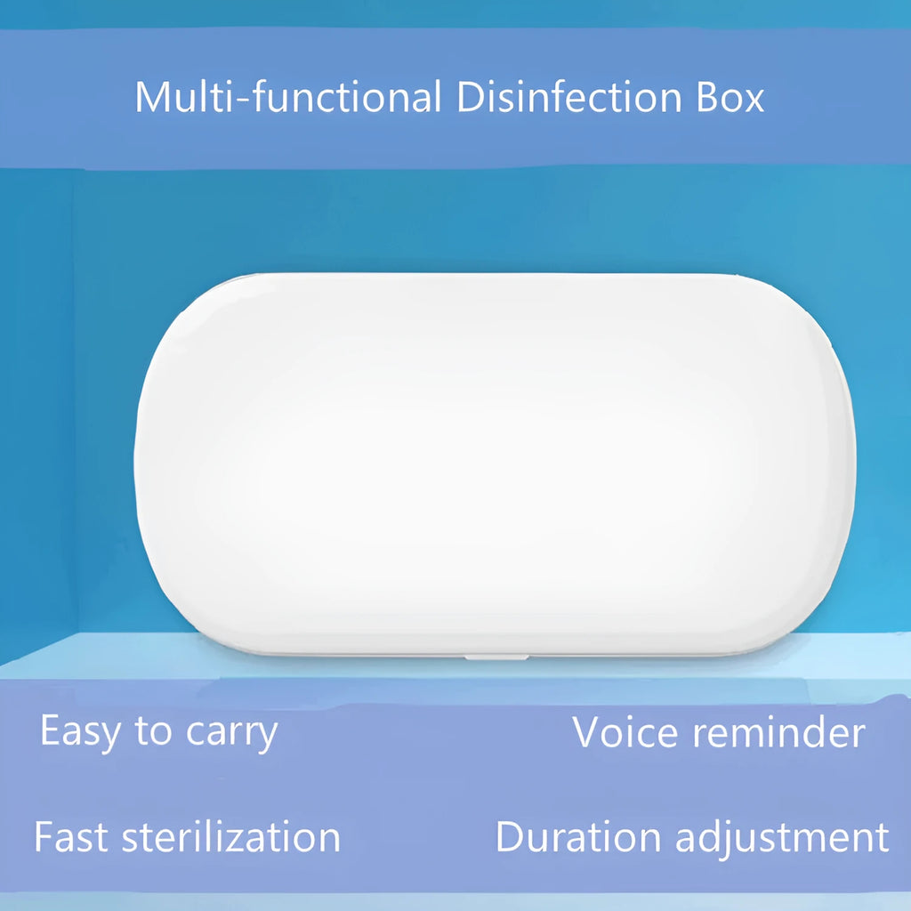 White ABS plastic wireless UV steriliser box with phone inside, showing charging indicator.