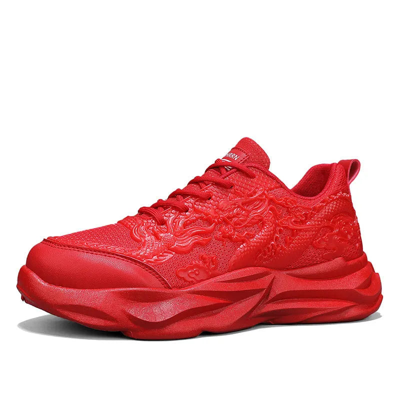 Men's casual fly knit sneakers in a Chinese dragon design with a rubber sole.