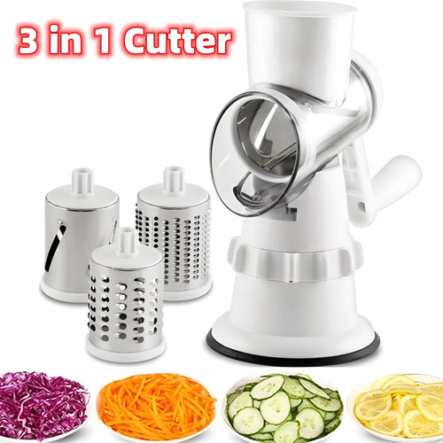 White plastic manual 3-in-1 vegetable slicer grater with stainless steel blades on a kitchen counter.