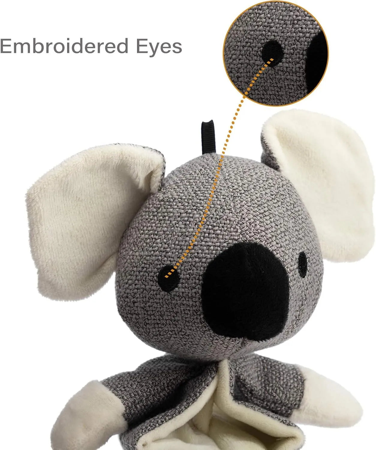 Grey koala plush dog toy measuring 30cm long with visible stitching and plush limb texture.